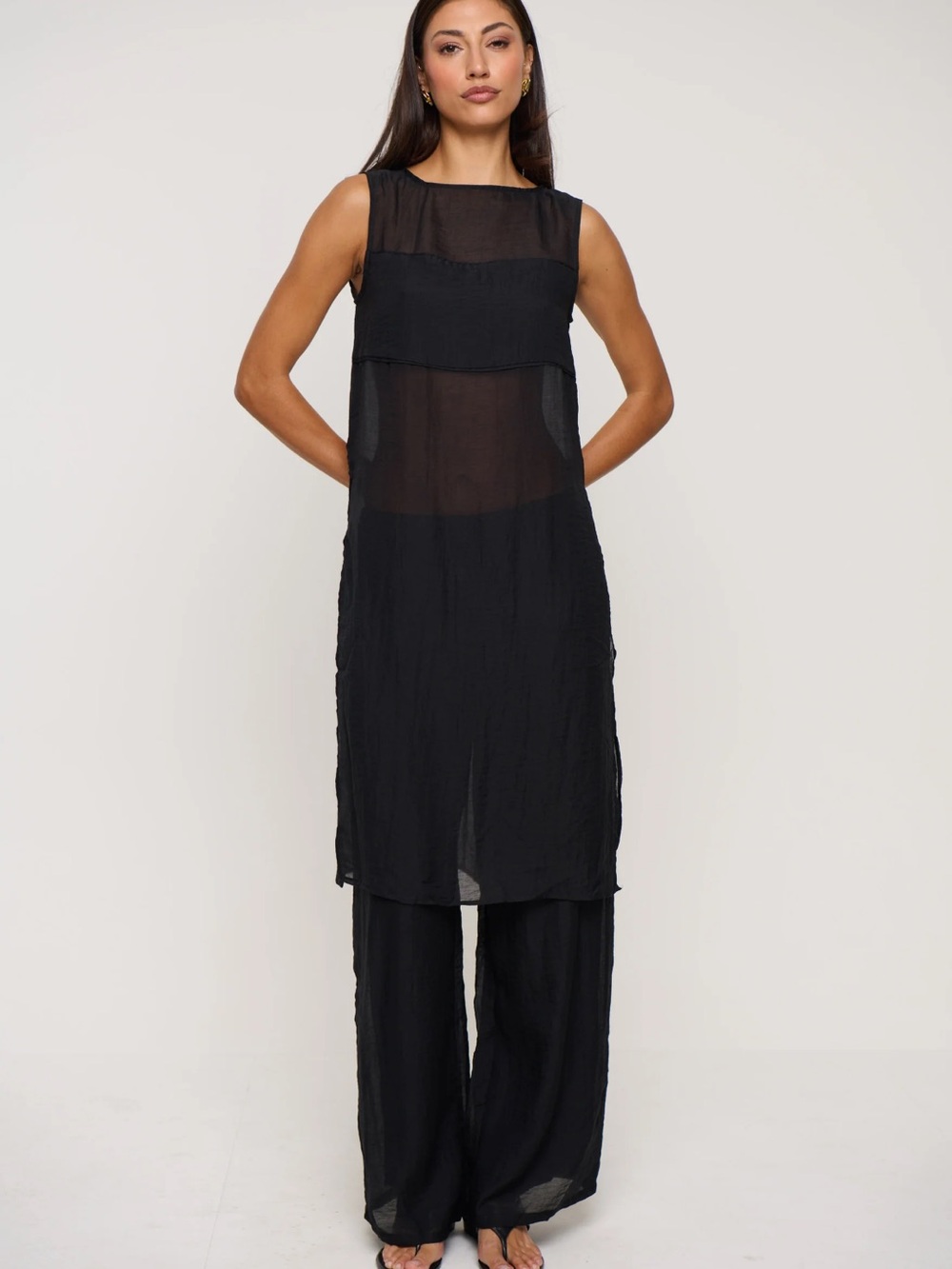 Black Sheer Layered Sleeveless Tunic & Wide-Leg Pants Set
